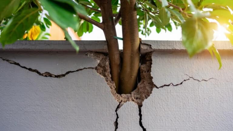 mur détruit par un arbre